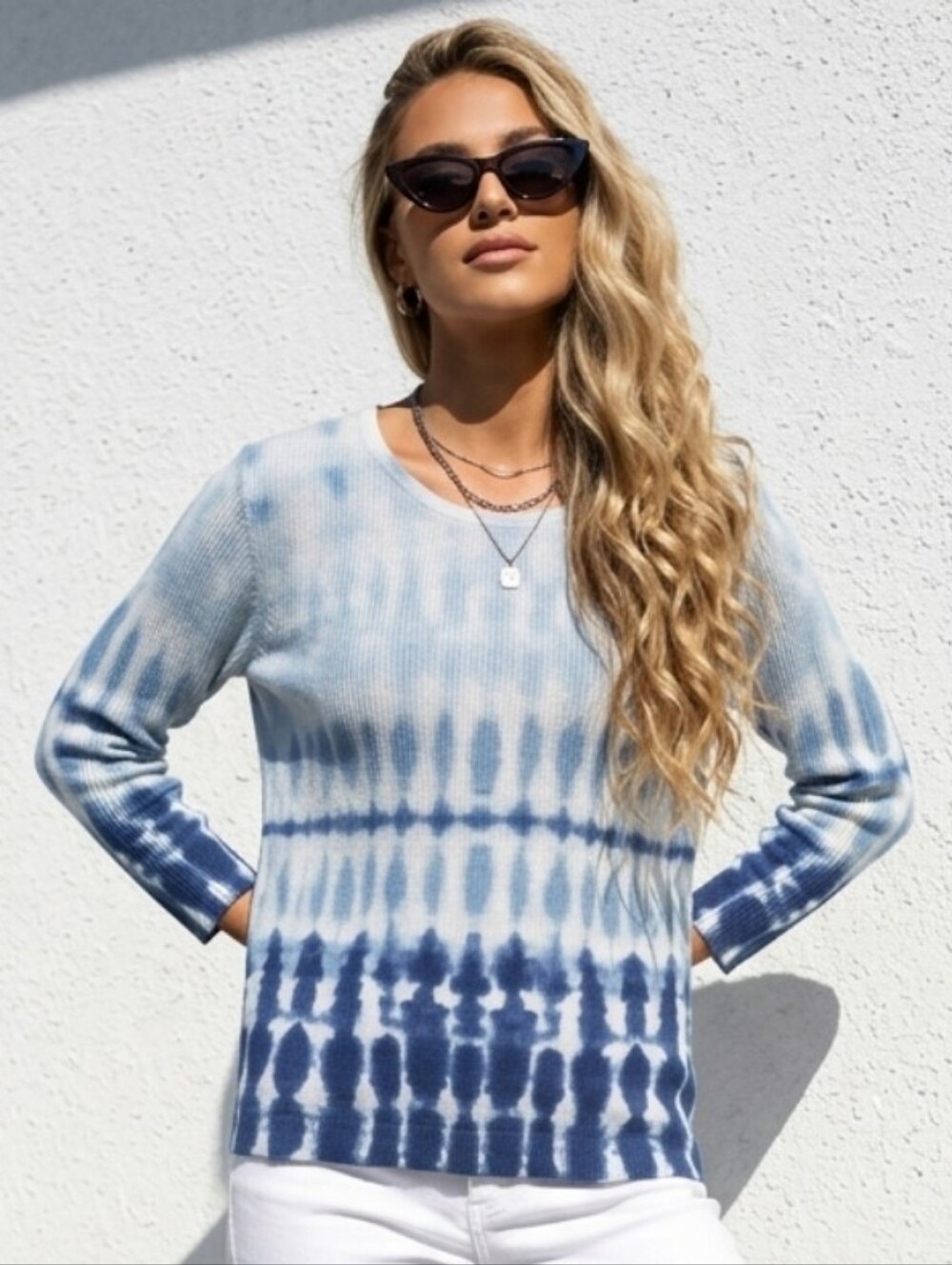 Alfred Dunner Blue and White Tie-Dye Ribbed Long-Sleeve Sweater Women's Petite L